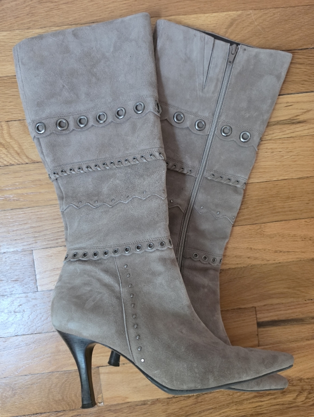 ANTONIO MELANI Taupe Suede Mid-Calf Heeled Boots